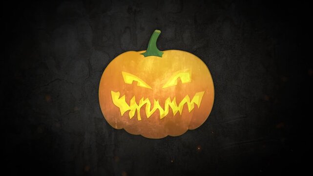 Spooky Halloween Jack O Lantern pumpkin glowing with fire spark reveal animation on dark wall texture background.