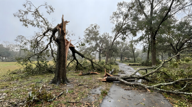 Severe hurricane storm damage with a broken tree trunk and fallen branches blocking a park path