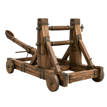 Wooden medieval catapult siege engine with iron reinforcements isolated on transparent background PNG element