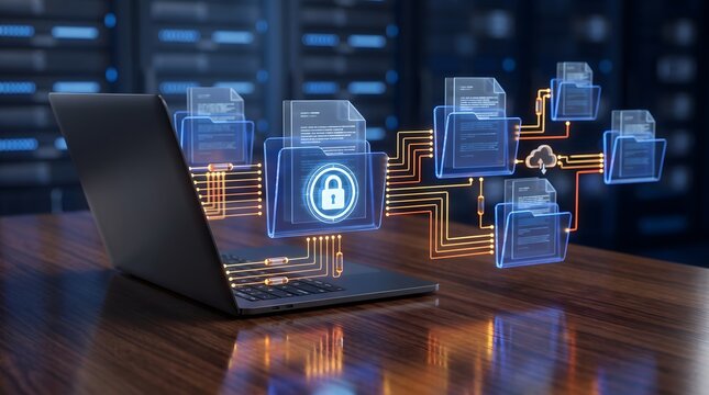 Digital data security concept with glowing icons of folders lock and cloud connected to a laptop on a wooden desk