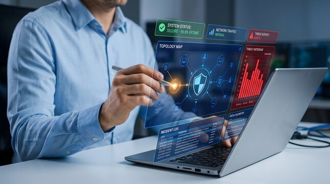 Cybersecurity analyst monitoring network security and threat activity on a futuristic holographic interface with system status and threat histogram