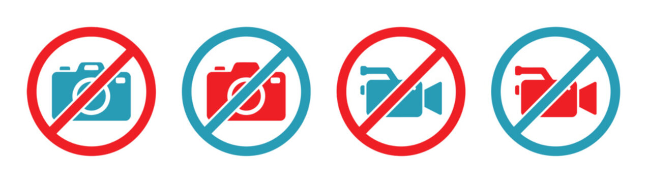 Prohibited camera and recording icons set with prohibited sign no photography camera icon