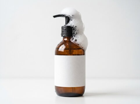 Three quarter view of an amber glass pump bottle with blank white label covered in rich soap foam isolated on white studio background. Cosmetic and skincare packaging mockup.