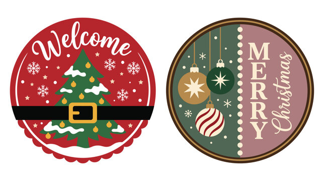 A festive christmas door hanger and ornament design featuring a welcome sign and merry christmas text for holiday home decoration projects