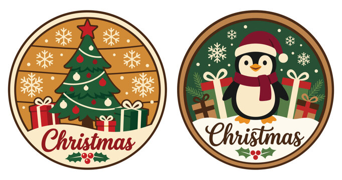 Two round wooden christmas door hanger designs featuring a festive tree and a cute penguin ornament for holiday home decoration
