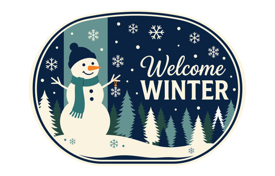 A festive christmas door hanger ornament featuring a cute snowman in a snowy forest scene to welcome the winter season