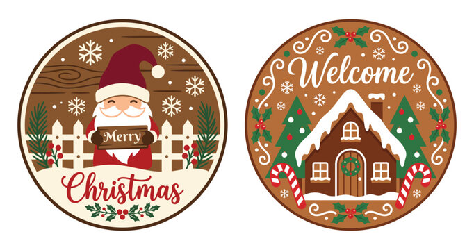 Two festive round christmas door hanger designs featuring a cute gnome and a winter cabin ornament for holiday home decor