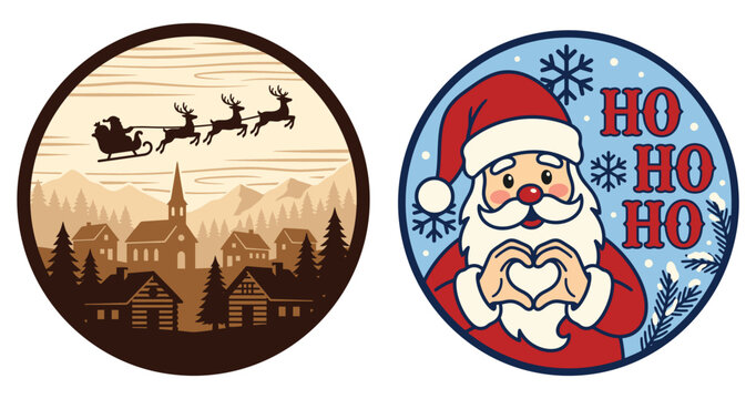 A festive set featuring a round christmas door hanger and a decorative ornament displaying santa claus and a winter village scene