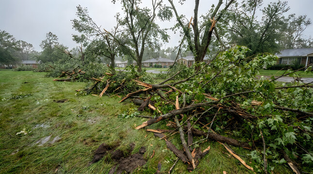 Fallen tree debris and severe storm damage in suburban residential neighborhood after hurricane