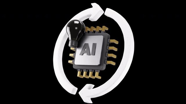 3D AI Continuous Learning Processor and Lightbulb Icon Animation
