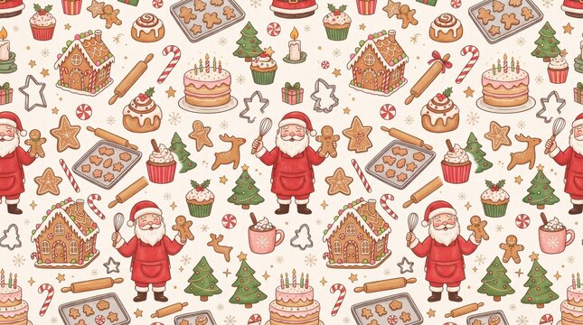 A colorful seamless Christmas bakery pattern featuring Santa Claus wearing a baker apron, gingerbread houses, gingerbread cookies, cinnamon rolls, Christmas cupcakes, frosted cakes, candy canes, peppe