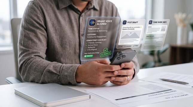 A man sitting at a desk using a smartphone to review digital brand voice content with man holds smartphone displaying holographic interfaces managing social media content brand consistency