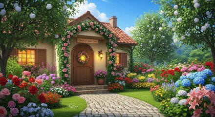 Fototapeta premium Charming stone cottage surrounded by colorful blooming flower garden.