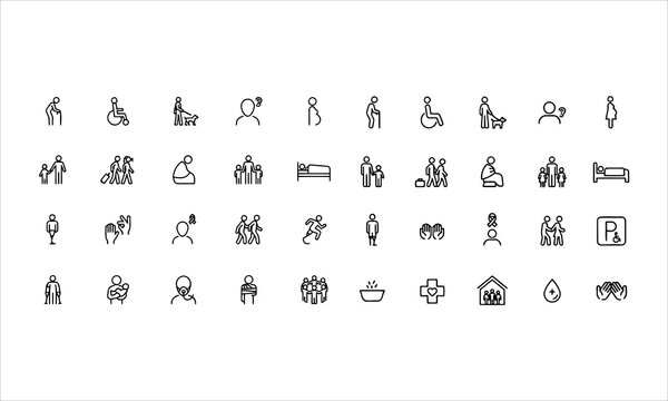 Set outline icons related to vulnerable groups. Linear icon collection. Editable stroke. Vector illustration