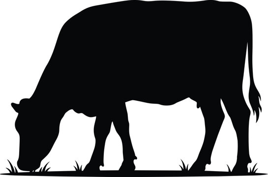 Cow silhouette vector grazing on grass, isolated black livestock graphic element