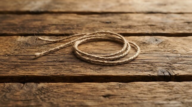 Long brown leather cord coiled on a rustic dark wooden table surface
