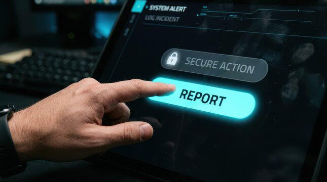 Person pressing report button on futuristic tablet interface