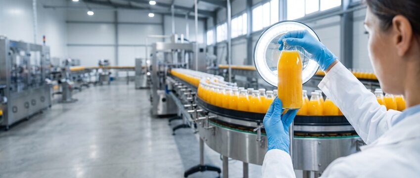 Qualit&auml;tskontrolle in der Getr&auml;nkeindustrie: Mitarbeiterin im Kittel pr&uuml;ft eine Flasche Orangensaft am F&ouml;rderband in einer modernen Fabrik.