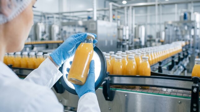 Controle de qualidade na ind&uacute;stria aliment&iacute;cia e de bebidas: inspetora examina garrafa de suco na linha de produ&ccedil;&atilde;o automatizada