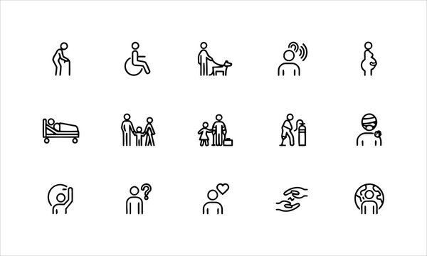 Set outline icons related to vulnerable groups. Linear icon collection. Editable stroke. Vector illustration