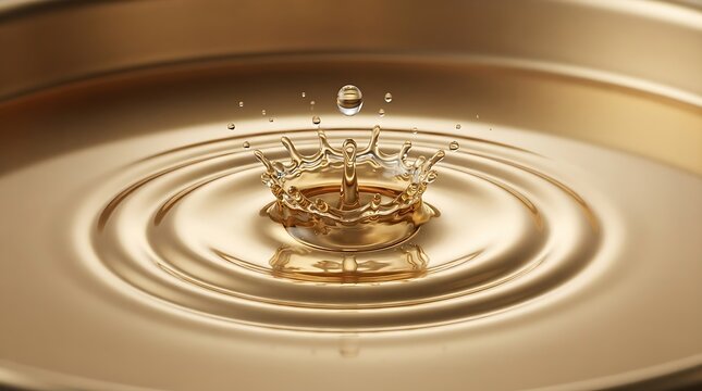 Single golden water drop falling into a liquid pool creating a crown splash