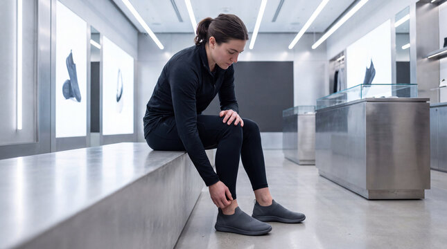 Young woman sitting on a concrete bench in a sleek, minimalist sportswear store, trying on and adjusting a pair of modern athletic shoes, focusing on comfort and fit during the shopping experience
