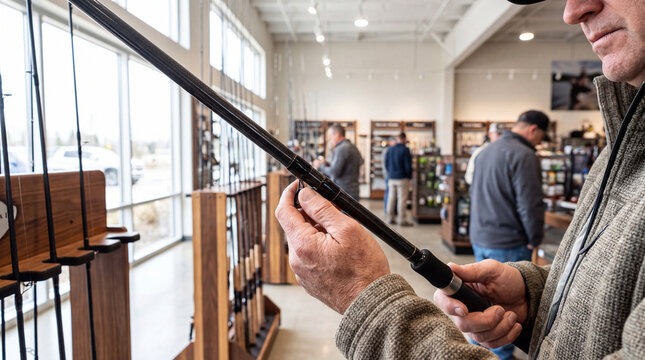 Customer's hands are carefully inspecting a fishing rod, checking its features and quality while shopping for new gear in a retail store filled with various outdoor and fishing equipment