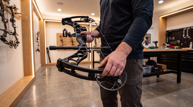 Archer inspects a high performance compound bow in a pro workshop, examining intricate mechanics and components with focus and precision, readying gear for sport or hunting