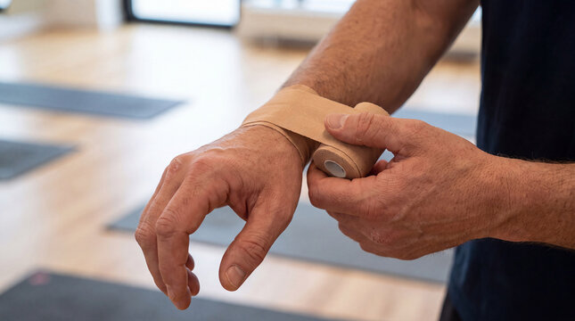 Person's hands wrapping athletic kinesiology tape around their wrist, providing joint support and injury prevention during physical activity or for recovery from strain