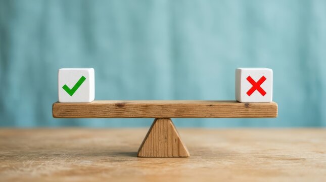 Wooden seesaw scale balancing cubes with green checkmark and red cross icons