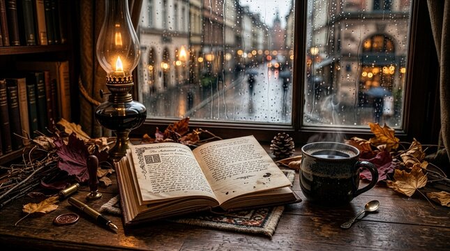 Atmospheric autumn background. A rich, maximalist composition with a vintage aesthetic: an open old book, coffee in a ceramic mug, water droplets on the windowpane, a lamp, dried leaves
