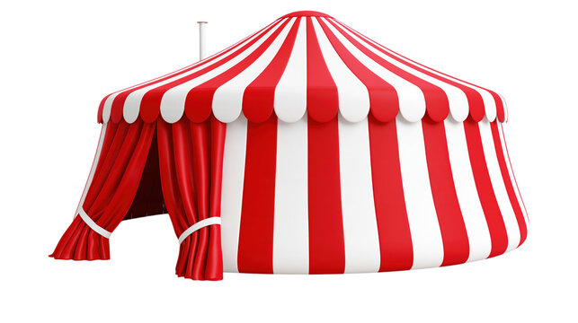 Red and white striped circus tent with open red curtains isolated on transparent background PNG cutout