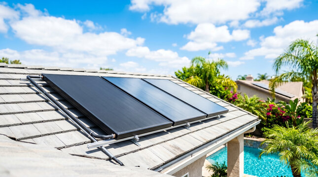 Solar pool heater on roof with blue sky and greenery in background  
