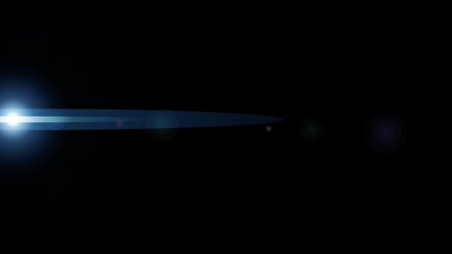 An anamorphic lens flare with a bright blue light and horizontal streak glides smoothly back and forth across a dark, solid background.