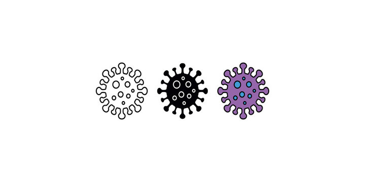 Coronavirus cell icons in outline black and purple variants for scientific study and epidemic prevention infographics.