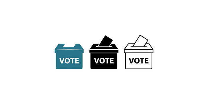 Three vote box icons in blue, black, and outline with vote text ideal for election and polling concepts.