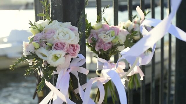 Flower bouquets with pink roses and white lisianthus tie to a metal fence using fluttering ribbons in Kerkira, Greece. Gentle sunlight illuminates the floral wedding decorations near the water shore.
