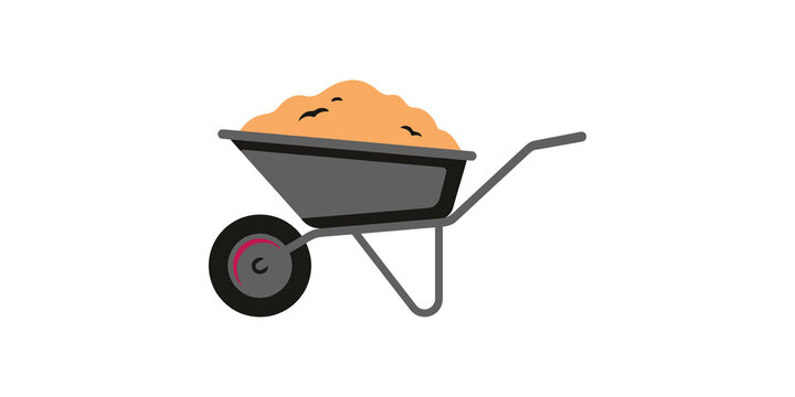 Gray industrial wheelbarrow loaded with orange sand or soil for construction and gardening landscape project needs.