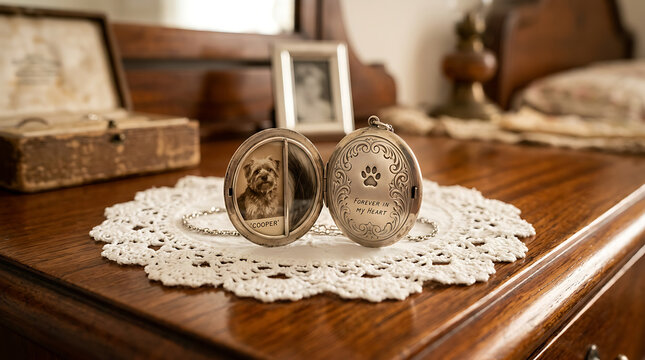 Open silver locket containing a pet portrait on a white lace doily