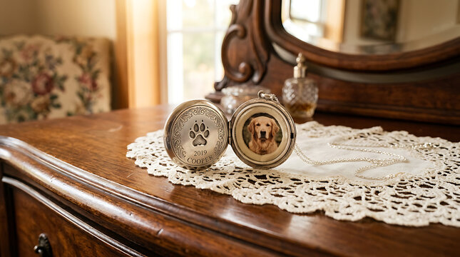 Open silver locket featuring a dog portrait and a paw print inscription resting on a white lace doily atop an antique wooden dresser