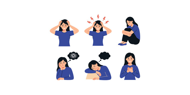 Woman mental health problem concept set with sad stressed and depressed postures poses.