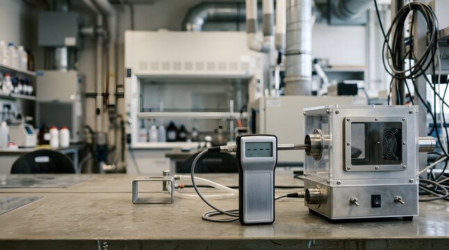 laboratory anemometer beside airflow testing chamber for precision air velocity measurement ventilation research and environmental testing