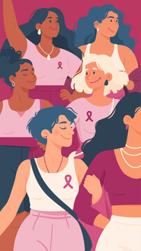 Illustration vectorielle d&rsquo;un groupe interg&eacute;n&eacute;rationnel de femmes diverses portant le ruban rose, unies dans un message de solidarit&eacute;, de soutien et de sensibilisation au cancer du sein.