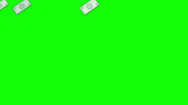 2D animated cartoon dollar bills falling continuously against a solid green screen chroma key background, suitable for compositing.