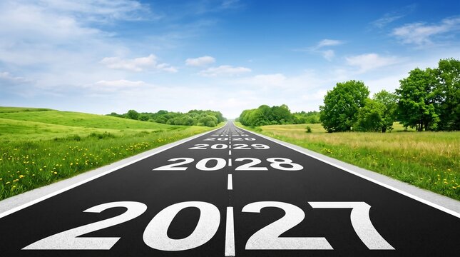 Road to the future with year 2027 to 2030 painted on asphalt highway through green field under blue sky