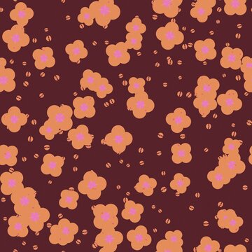 Seamless pattern with orange four-petal flowers and small brown dots on a dark maroon red background