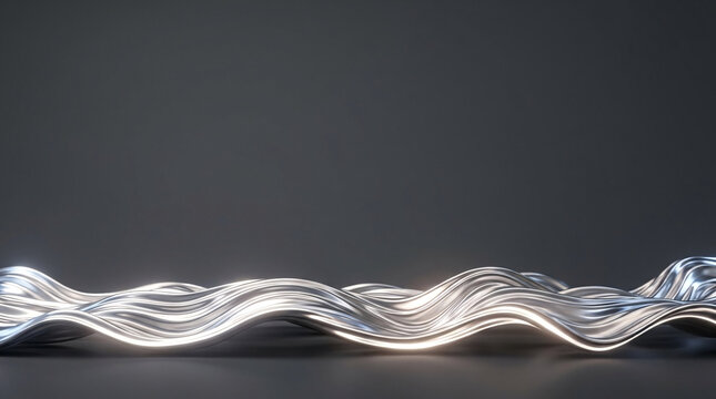 Abstract Glowing Platinum Metal Waves on Dark Minimalist Background
