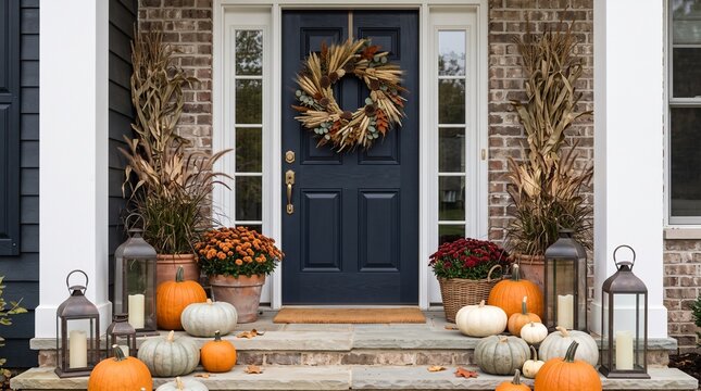 Autumnal front porch decor, dark blue door with a fall wreath, white columns, pumpkins, lanterns, and potted mums, inviting seasonal home entrance