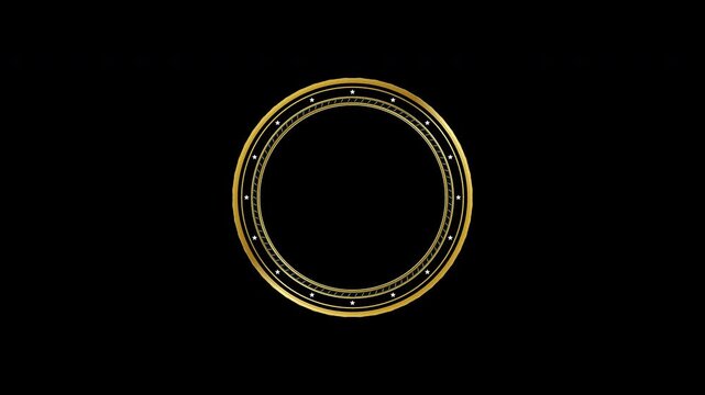 Ornate golden circular seal rotating steadily against a clear cutout layer with intricate filigree details for award certificate branding