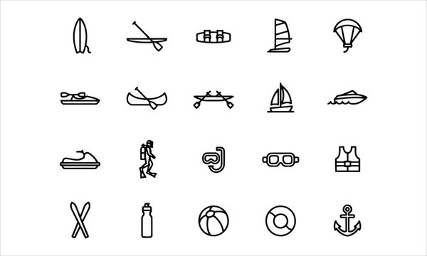 Set outline icons related to water sports. Linear icon collection. Editable stroke. Vector illustration